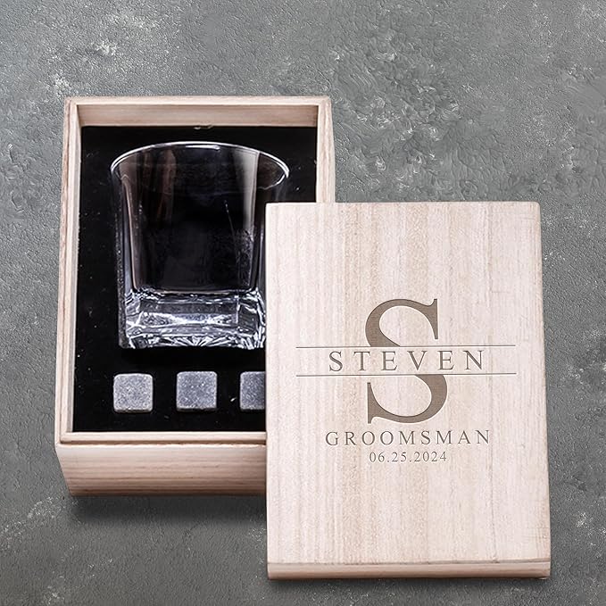 Personalized Groomsmen Whiskey Glass Gift Set - 4 Designs Custom Groomsman Gift - Personalized Wedding Bourbon Cup - 11 oz Engraved Groomsmen Scotch Glass in Wooden Box - Whiskey Gifts For Men