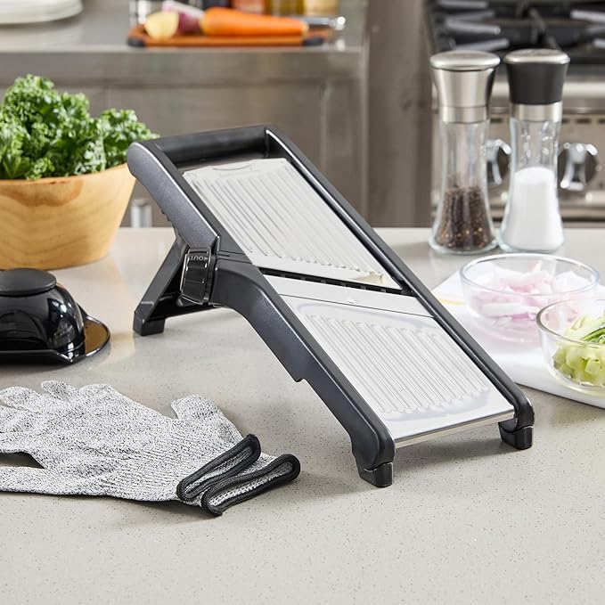 Restaurantware Stainless Steel Adjustable Mandoline Slicer - German Standard Vegetable Slicer with Blade Guard, Includes Cut-Resistant Gloves - Food Slicer for Potato, Onions, Cucumbers, Tomato