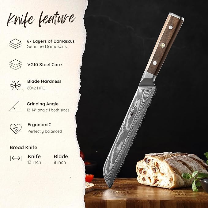 Wakoli HIK Full Tang Damascus Bread Knife – Serrated Kitchen Knife | 8-Inch Blade Made of 67-Layer Damascus Steel with VG10 Core | Walnut Wood Handle | Sharp, Durable, Gift Box Included