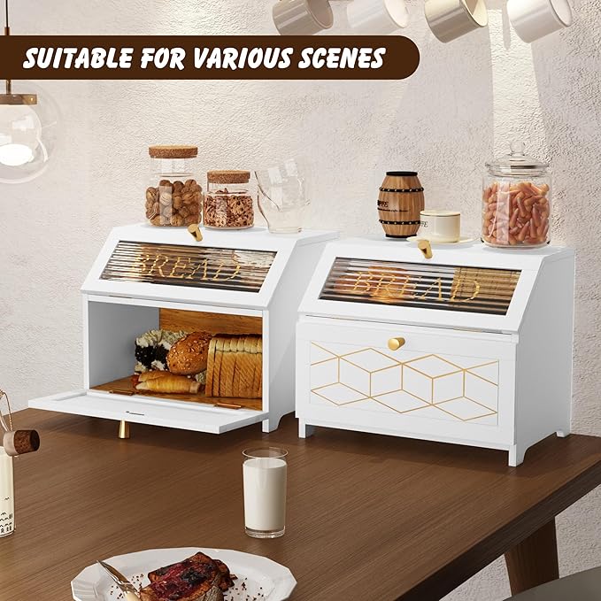 Double Layer Bread Box With Golden Trim for Countertop, Wooden Bread Container for Kitchen Counter, Corner Bread Storage (White)