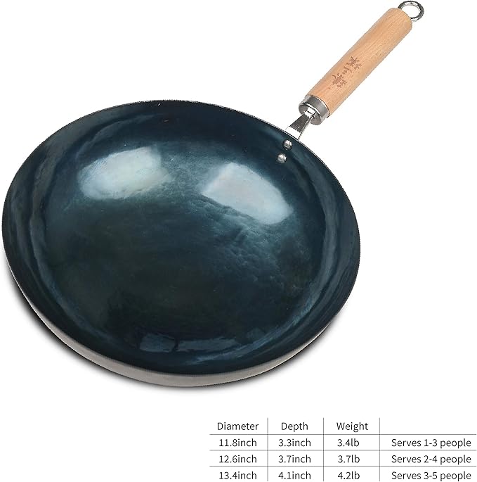 ZhenSanHuan Chinese Hand Hammered Iron Pow Woks and Stir Fry Pans Wooden Handle Round Bottom (30CM, Blue Black -Seasoned)