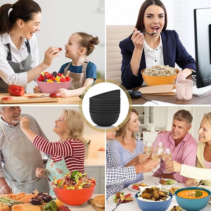 60 Oz Cereal Bowls, Deep Large Plastic Soup Salad Bowls Set of 8, Unbreakable Reusable Wheat Straw Dinnerware Sets Dishwasher Safe BPA-Free for Kitchen Pho Ramen, Black