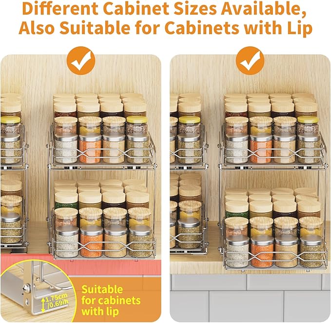 Pull Out Spice Rack Organizer for Inside Cabinet, 2 Tier Spice Rack Spice Organization for Cabinet 6 Height Adjustable, Seasoning Organizer, 9.2"W x 10.4"D x 9.8"H (Also for Cabinet with Lip)