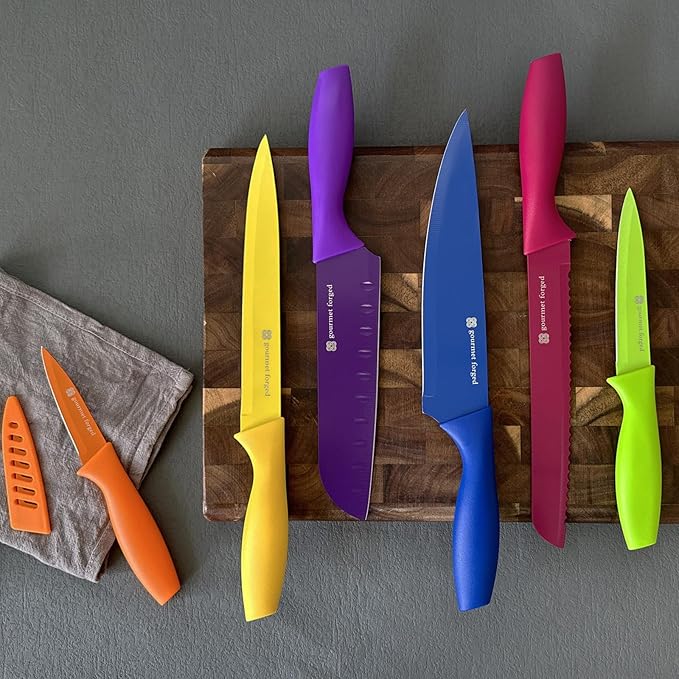ColorSlice 12 Piece Color-Coded Kitchen Knife set 6 Non Stick Dishwasher Safe Knives w/Blade Guards/Sheaths Sharp Stainless Steel Anti Rust Coated Best Multicolor