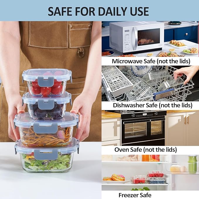 Glass Food Storage Containers with Lids, 4 Pack, Airtight, Leak Proof, BPA Free, Oven/Dishwasher Safe, Grey