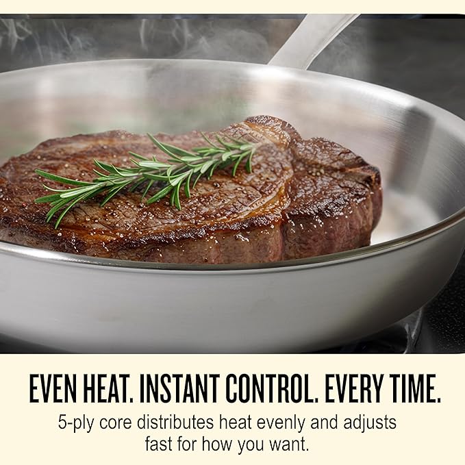 Alva Maestro 5-Ply Stainless Steel Frying Pan 8″ – Non-Toxic, Made without PFAS/PFOA/PTFE – Pro-Level Heat Control for No Hotspots, Induction & Oven Safe, Works on All Stovetops, Perfect Searing
