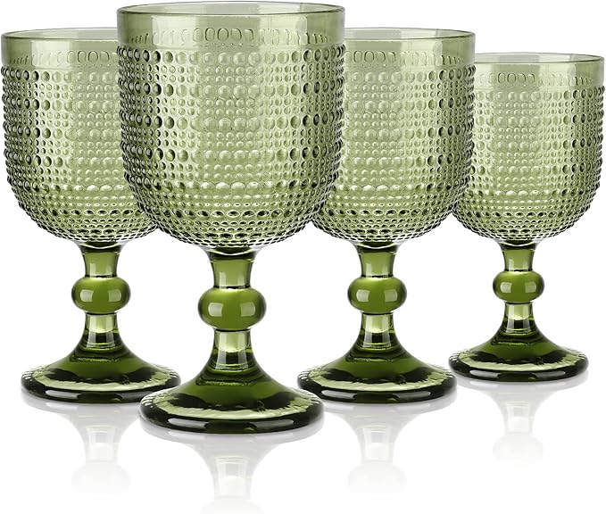 Joeyan Green Vintage Wine Goblet Glasses,Embossed Colored Stemmed Glass Cups,Hobnail Stemware Drinking Glasses,Romantic Beaded Glassware for Water Juice Cocktail,12 oz,Set of 4,Dishwasher Safe