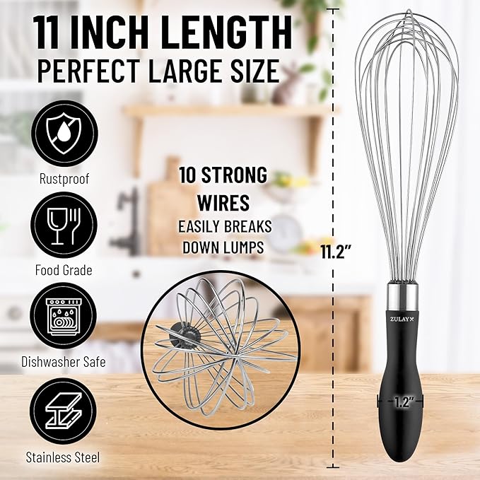 Zulay Kitchen Stainless Steel Balloon Whisk 11 Inch – Durable Wire Whisk with Soft Grip Silicone Handle – Versatile Kitchen Whisk for Blending, Beating, Frothing, Stirring & More - Black