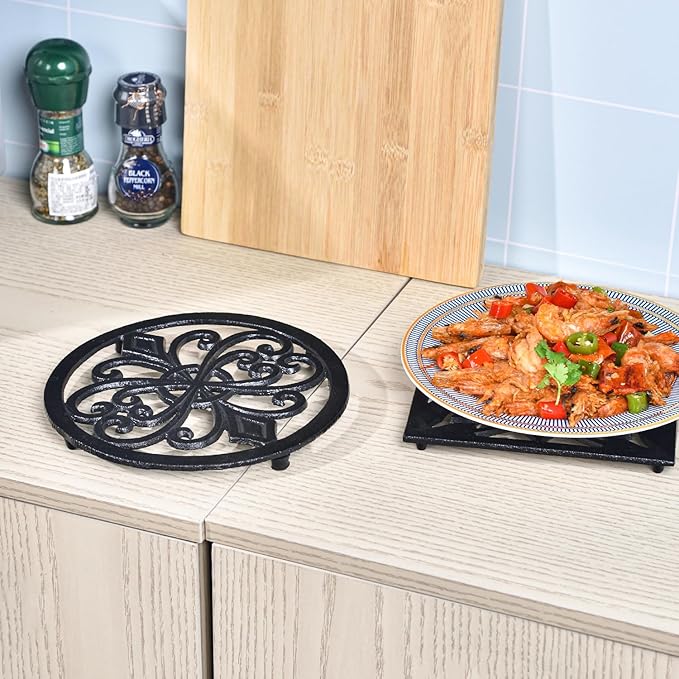 Sungmor Heavy Duty Cast Iron Round Metal Trivet,Rustproof Black Racks Stands Holders for Hot Pans or Teapot,Kitchen or Dinning Table Decorations