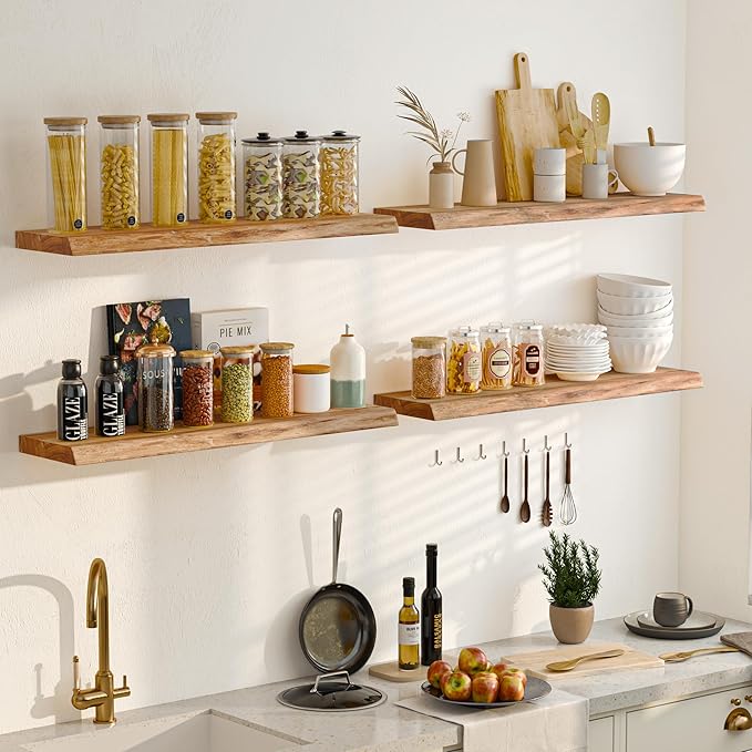 Fun Memories Floating Shelves for Wall Set of 2, Rustic Solid Elm Wood Wall Shelves 24 Inch - Invisible Bracket Mount for Living Room, Bathroom, Bedroom, Kitchen, Natural