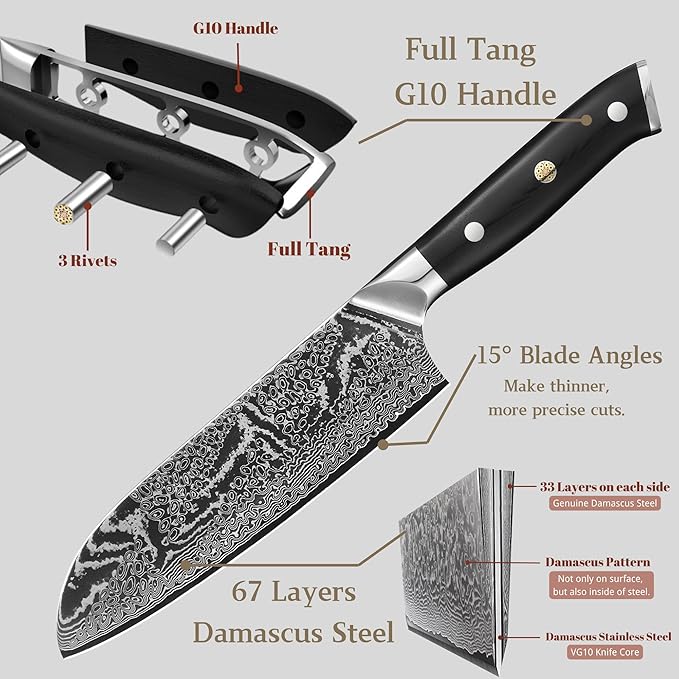 Wakoli Nitoko Santoku Knife – 7.1-Inch Professional Damascus Kitchen Knife | 67-Layer VG10 Core Steel Blade | Ergonomic G10 Handle | High-Performance Japanese-Style Chef’s Knife in Gift Box