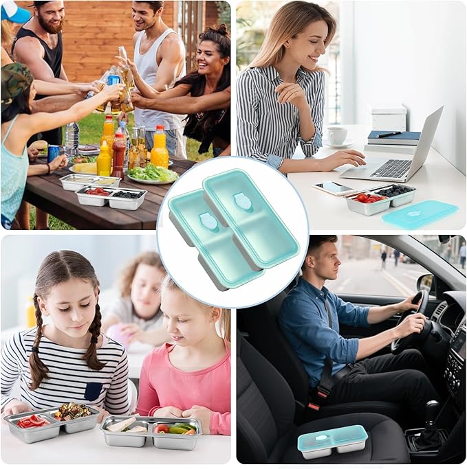 KITHELP 4 Pcs Grab and Go Snack Containers Reusable with Lids, Stainless Steel Double Compartment Snack Containers with 2 Forks 2 Spoons and 2 Salad Dressing Container, for Camping, Lunch, Dessert