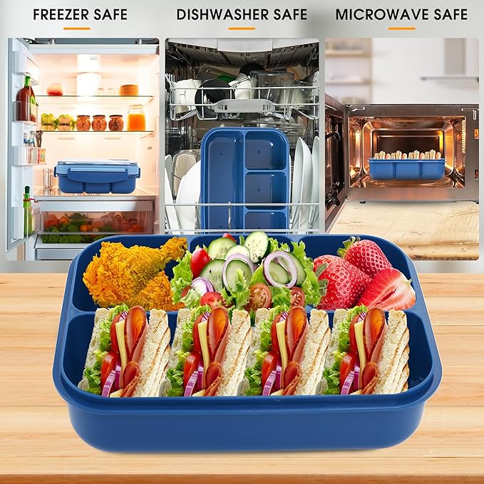 Bento box adult work lunch box, adult container, with 4 compartments, lunch container with cutlery (knife, fork, spoon, sauce box), animal fruit fork, microwave and dishwasher safe, Sky blue
