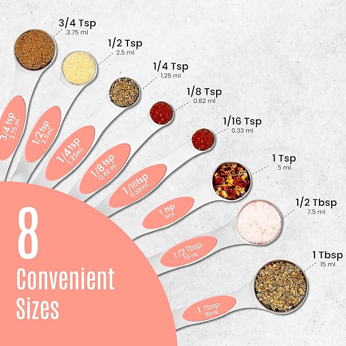 Magnetic Measuring Spoons Set of 9 Stainless Steel Dual-Sided Stackable Measuring Spoon Nesting Teaspoons Measuring Dry and Liquid Ingredients, Fits in Spice Jars Set of 9 (Peach)