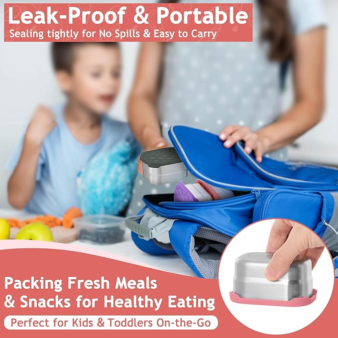Homikit 3 Pack Snack Containers for Kids, 18/10 Stainless Steel Toddler Lunch Box with Silicone Lids, Reusable Bento Food Container Set for School Daycare, Nontoxic & Leak Proof, Pink/Purple/Gray