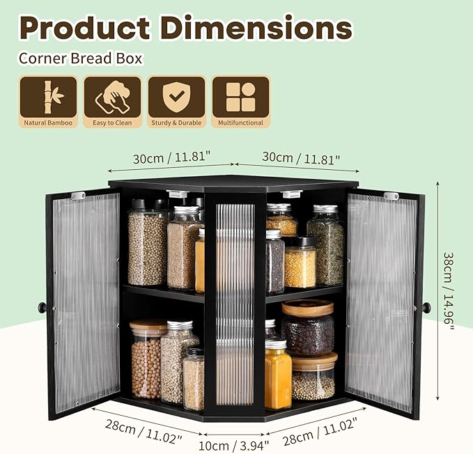 Corner Bread Box for Kitchen Countertop - Bamboo Large Capacity Bread Storage Bin with Acrylic Wavy Door Panel,Dual Door Bread Organizers Under Cabinet Mount Shelf (Black)