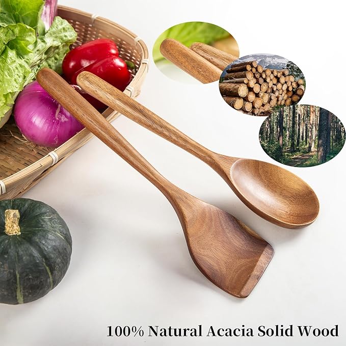 2PCS Acacia Wooden Spoons For Cooking 12-inch Smooth Finish Spatula Spoon And Cooking Spoons-Comfortable Grip Wood Spoons for Cooking - Non-Stick Wooden Cooking Utensils