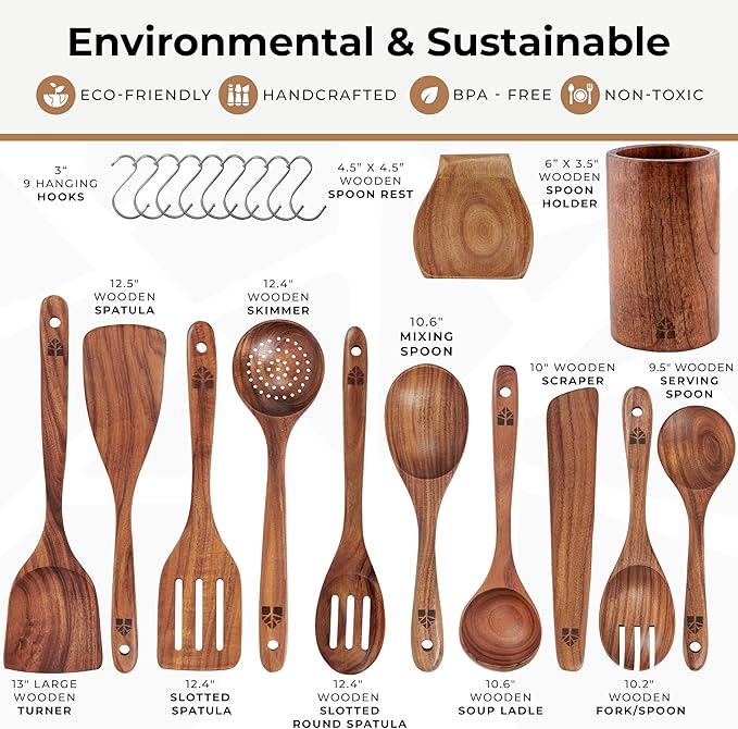 Wooden Spoons for Cooking – Wooden Cooking Utensils Set with Holder, Spoon Rest & Hooks, Teak Wood Nonstick Kitchen Cookware – Durable Set of 12pcs by Woodenhouse - Unique Kitchen Gifts for Women Men
