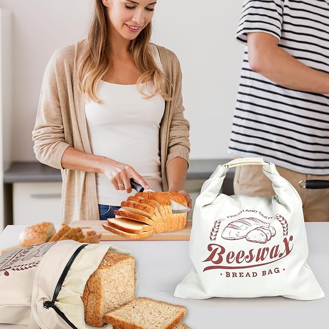 2 Pack Beeswax Bread Bags for Homemade Bread, Large Linen Reusable Bags with Zipper Eco-Friendly Food Storage for Sourdough, Sandwich, Baguette