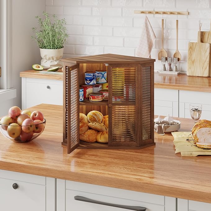 Extra Large Acacia Wood Corner Bread Box for Kitchen Countertop, 16.5 Inch Wooden Breadbox with Glass Wavy Door, Durable Grain Finish, Farmhouse Style Design