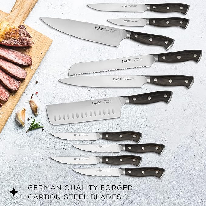 JoyJolt 11pc Kitchen Knife Set with Block. High Carbon, x50 German Steel Knives Set for Kitchen with Chef, Bread, Slicing, Nakiri, Utility, Paring and 4pc Steak Knife Set for Black Kitchen Decor