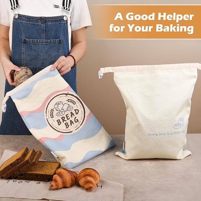 Reusable Bread Bags (2-Pack) – XL Cotton Zipper Bags with Plastic Lining for Sourdough & Homemade Bread Storage - Great Gift for Bakers