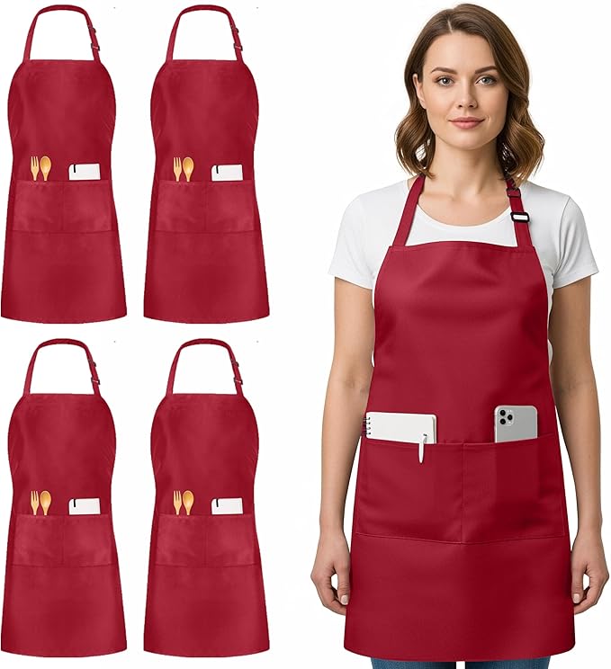 Utopia Kitchen 4 Pack Bib Apron Adjustable with 2 Pockets, Water and Oil Resistant, Cooking Kitchen Chef Apron for Women Men