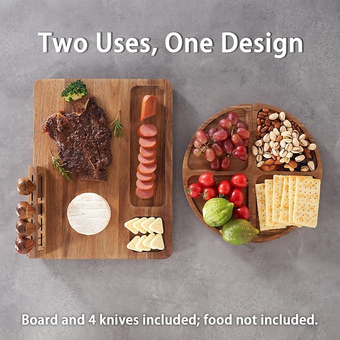 Large Acacia Wood Charcuterie Board Set, 25-inch 3-Piece Tray with 4 Knives & Magnetic Holder, Long Round Cheese & Appetizer Platter for Serving, Crackers, Snacks