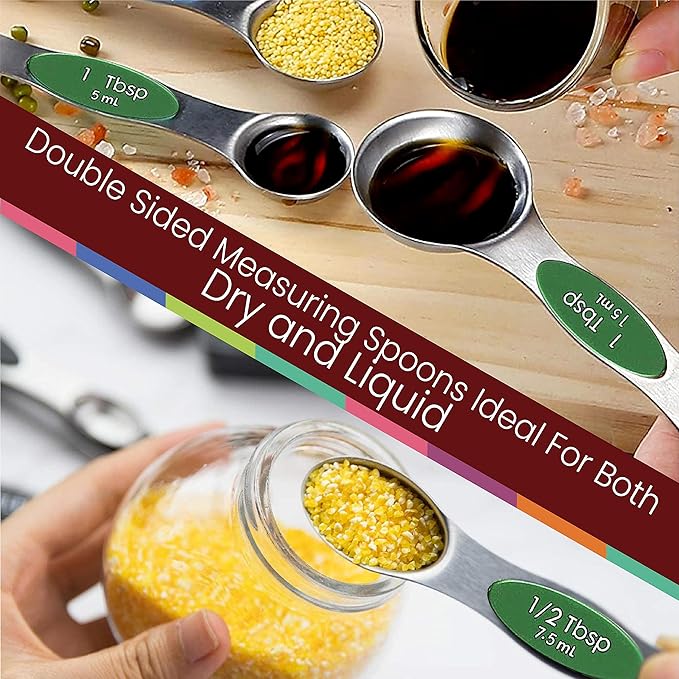 Magnetic Measuring Spoons Set of 9 Stainless Steel Dual-Sided Stackable Measuring Spoon Nesting Teaspoons Measuring Dry and Liquid Ingredients, Fits in Spice Jars Set of 9 (Green)