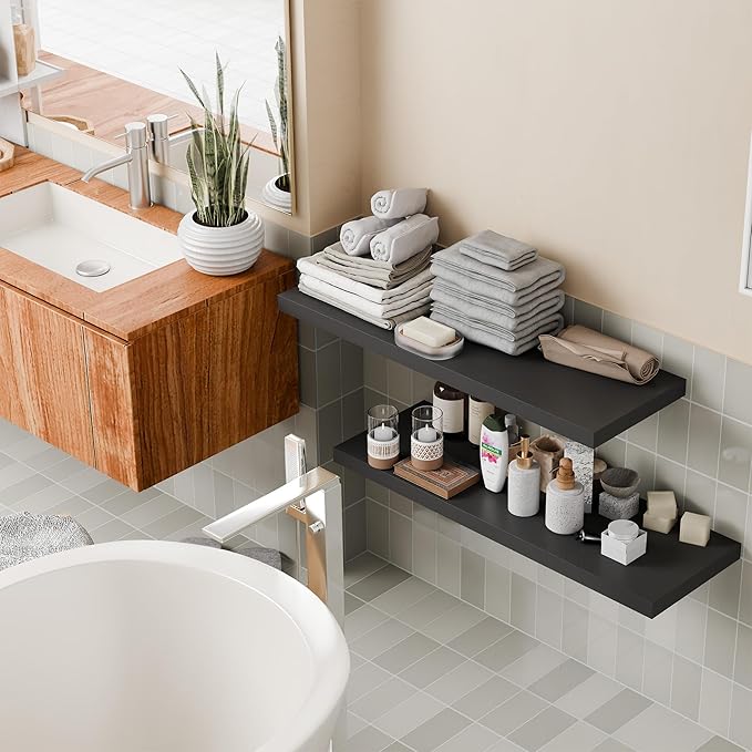 36 Inch Long Floating Shelves for Wall, Black 12 Inch Deep Floating Shelves Set of 2, Wall Shelves for Bathroom Over Toilet, Live Edge Display Shelf with Invisible Brackets for Home Decor