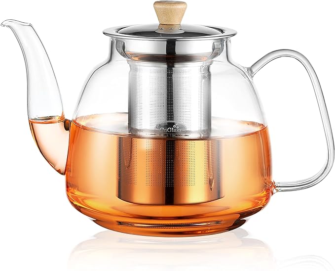 CNGLASS Glass Teapot with Infuser(37.5oz),Clear Tea Kettle with Removable Stainless Steel Strainer,Stovetop Safe Glass Teapot for Blooming and Loose Leaf Tea