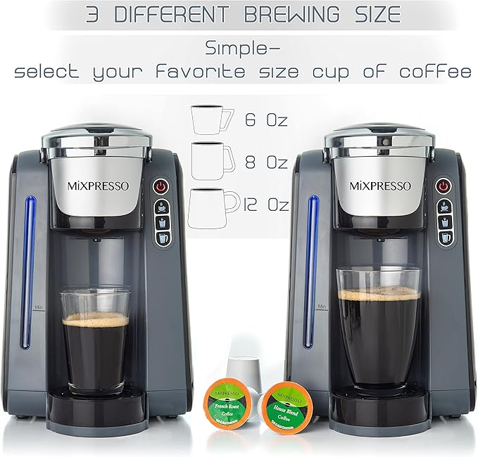 Mixpresso Single Serve Cup Coffee Maker With 4 Brew Sizes for 1.0 & 2.0 Cup Pods, Removable 45oz Water Tank, Quick Brewing with Auto Shut-Off, Rapid Brew Technology Gray Coffee Maker