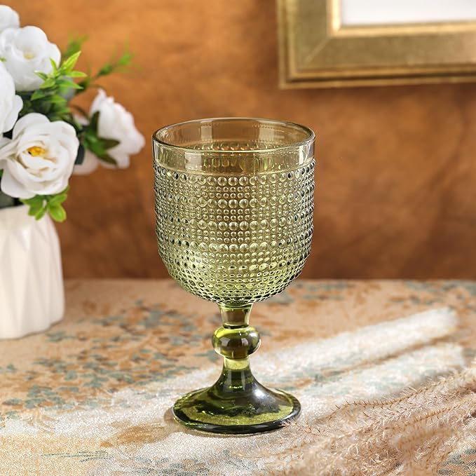 Joeyan Green Vintage Wine Goblet Glasses,Embossed Colored Stemmed Glass Cups,Hobnail Stemware Drinking Glasses,Romantic Beaded Glassware for Water Juice Cocktail,12 oz,Set of 4,Dishwasher Safe