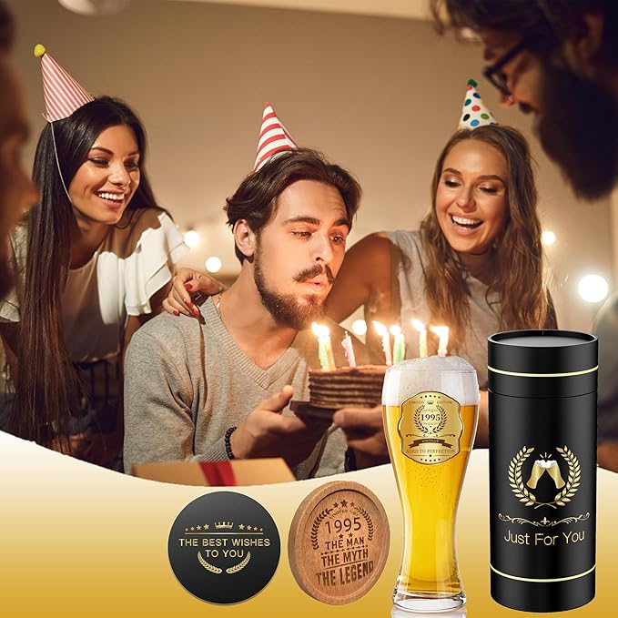 30th Birthday Beer Glasses Gifts, Personalized '1995' Vintage Glass Ware Set for Men, Black Gift Package with Drinking Glass, Coaster, and Card for 30 Years Old Man