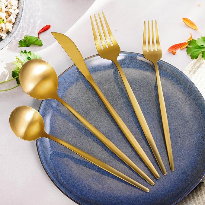 MIKIWAY 60-Piece Stainless Steel Flatware Set, Matte Golden Cutlery, Includes Spoons, Forks, Dishwasher Safe