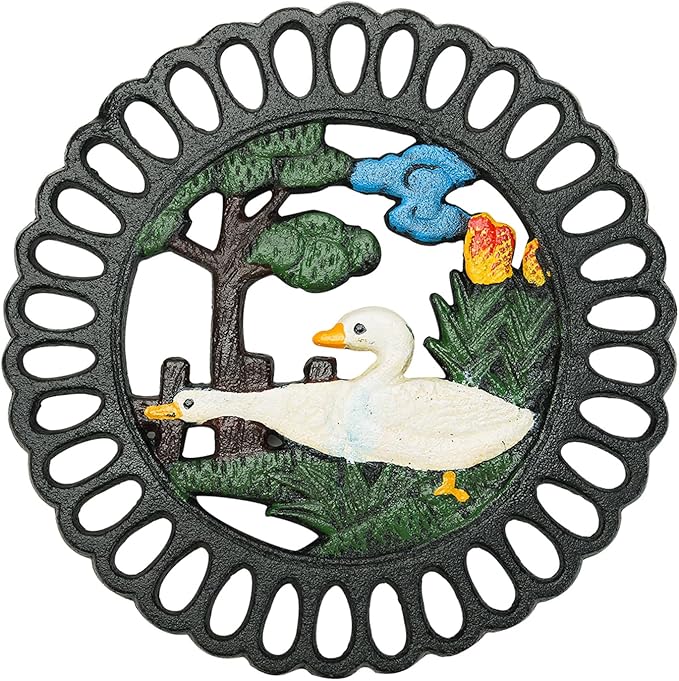 Sungmor Heavy Duty Cast Iron Trivet,Decorative Painting Trivet for Kitchen or Dinning Table,7.5x7.5 Inch - Round with Vintage Lovely Duck Pattern