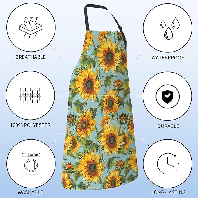 Retro Sunflower Apron for Women with Floral,28x33in,Flower Kitchen Aprons with 2 Pockets, Oxford Fabric,Stylish Adjustable Apron for Cooking Baking Gardening Chef,Gifts for Mom Wife