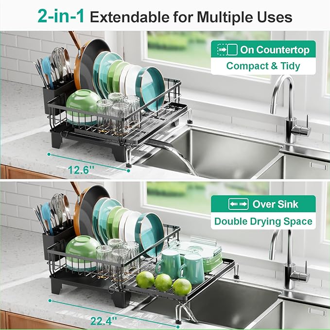 Swedecor Extendable Dish Drying Rack, Large 2-in-1 Dish Racks for Kitchen Counter with Drainboard & Pan Slots, Anti-Rust Over Sink Dish Drainer, 12.6" to 22.4" L x 16.7" W, Black