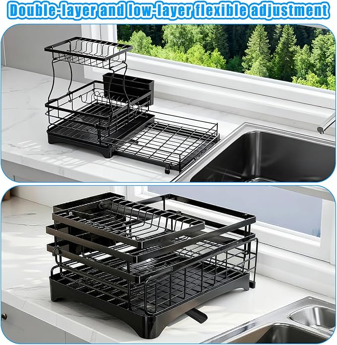 Extendable 2 Tier Stainless Steel Dish Drying Rack | Large Over-The-Sink Rust-Resistant Rack | High Capacity with Utensil Holder | Efficient Kitchen Counter Organization & Space Saving