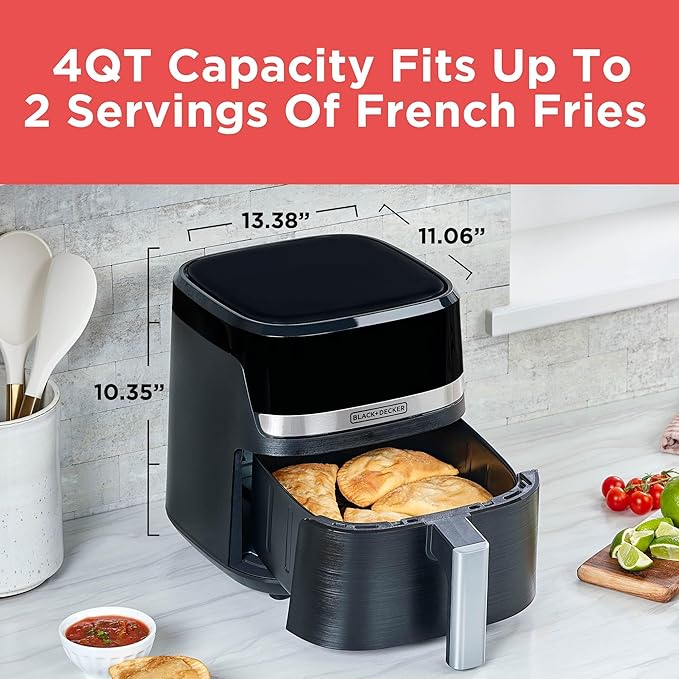 BLACK+DECKER Purifry 4QT Air Fryer, Timer with Auto Shut-off and Shake Reminder, Digital LED Touchscreen and 9 Presets, 1300W up to 400 F, Dishwasher Safe Parts