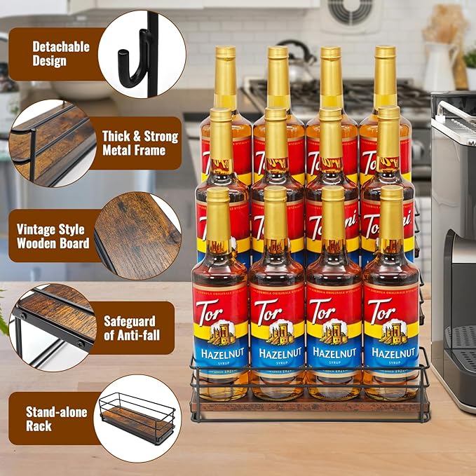 12 Bottle Coffee Syrup Organizer Rack, 3 Tier Coffee Syrup Bottle Stand Holder for Coffee Bar, Installation-free, Liquor Bottle Display Shelf, Coffee Syrup Shelf for Liquor Whiskey Wine Display