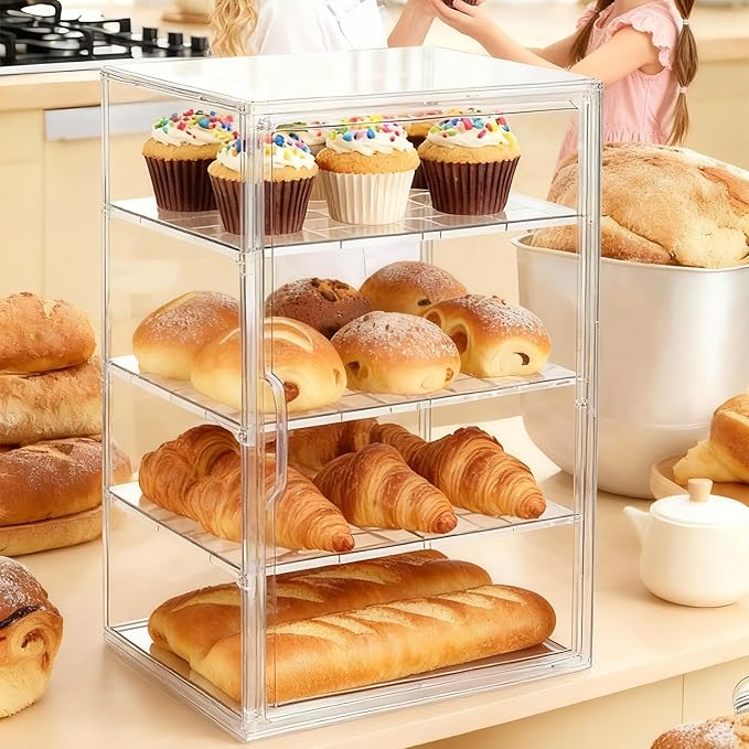 Clear Acrylic Display Case, 4-Tier Bread Box for Kitchen Countertop, 15.5x11.4x9.8 Inch Bread Storage Container with Magnetic Door for Bakery, Cookies, Donuts