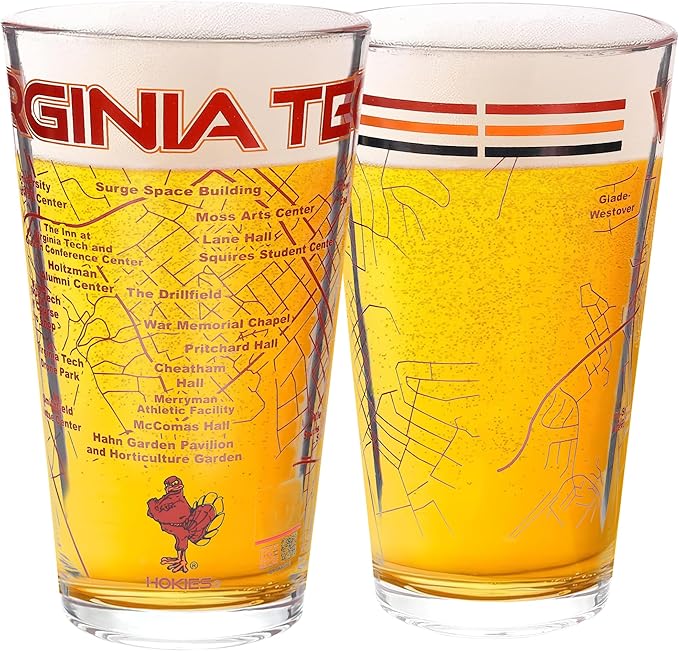Greenline Goods – Virginia Tech University Hokies College Pint Beer Glasses (Set of 2), 16 oz – Full-Color Logo + Campus Map