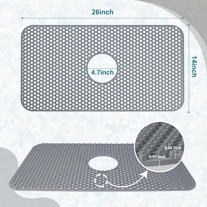Silicone Sink Mat, 26'' x 14'' Protectors for Kitchen Sink with Center Drain, Kitchen Protector Accessory, Non-Slip Grid Mat for Bottom of Farmhouse Porcelain Stainless Steel(Center Hole)