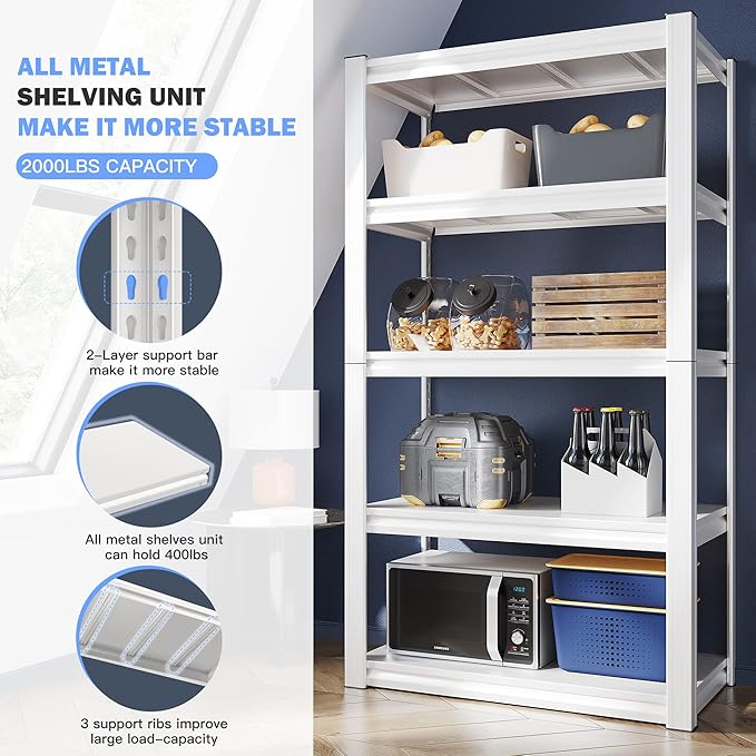 Raybee Garage Shelving, 72" H Storage Shelves, 2000LBS Metal Shelving Heavy Duty, White Shelves Metal Shelf for Closet Pantry Kitchen 72" H x 31.8" W x16.4 D
