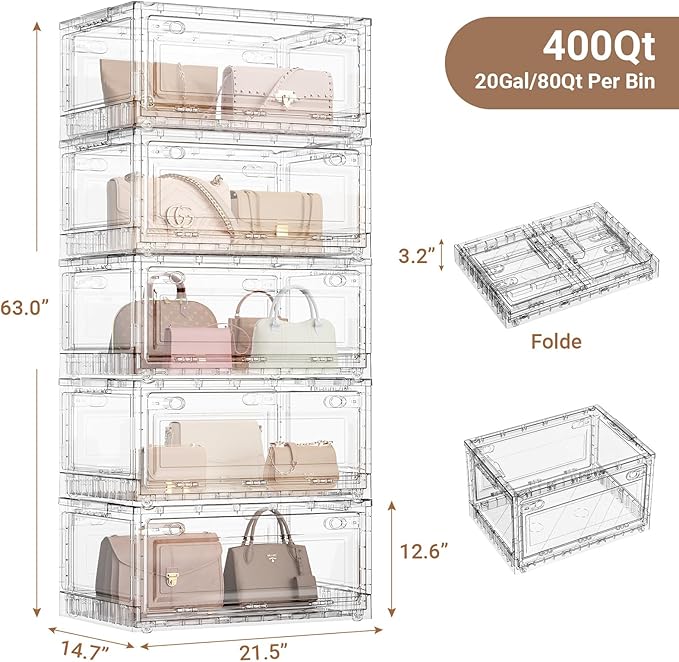 BROVIEW 400Qt Stackable Storage Bins with Lids Wheels, Crystal Clear Shiny Storage Cabinet Plastic Drawer Foldable Closet Organizers Display Box with Front & Back Doors, for Home Office Garage,5Pack