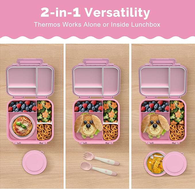 Kids Lunch Box Set with Bento Box, 9oz Stainless Steel Thermos & Insulated Lunch Bag – Hot & Cold Leakproof Lunch Container with Utensils for School & Travel, Pink Set