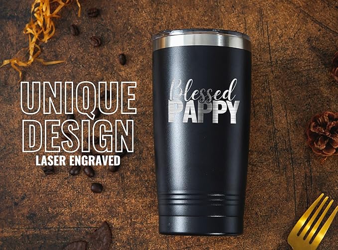 Onebttl Pappy Gifts, Grandpa Father's Day Gifts from Grandchildren, Laser Engraved Design, 20oz/590ml, Stainless Steel Tumbler with Straw & Lid, Black - Blessed PAPPY