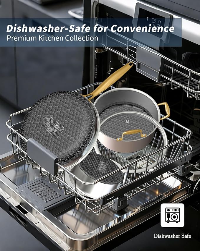 FogDream Stainless Steel Cookware, Tri Ply Pots And Pans Set, Non Stick Frying Pans, Soup Pot & Sauce Pan With Tempered Glass Lids, Cool Handles, Dishwasher Safe, Induction Compatible, Gold