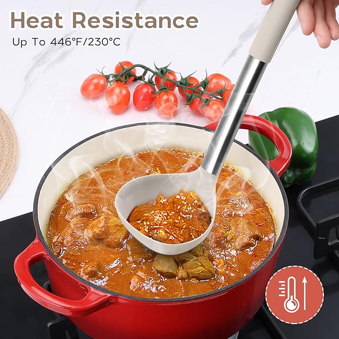 Onader Silicone Cooking Utensils Set of 15, Kitchen Utensils Set with Holder for Nonstick Cookware, 446°F Heat Resistant Stainless Steel Handle - Khaki